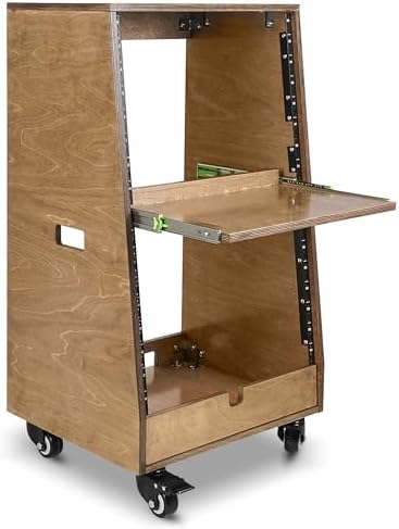 Sound Town DIY Slanted 16U Studio Rack (8U Top + 8U Lower), with 2U Bottom Storage, Slide-Out Tray, Caster, Plywood, Weathered Brown for Recording Room, Home Studio (SDRK-ST16TB) by SOUNDTOWN