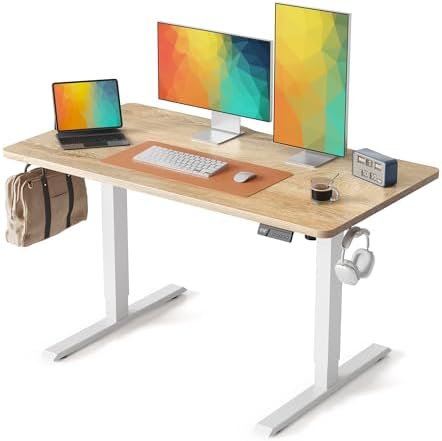DESINO Standing Desk, 48 × 24 Inches Electric Height Adjustable, Sit and Stand Up, Computer Office Desk with Splice Board, White Frame/Oak TOP by DESINO