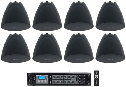Rockville RCS180-6 70V Commercial Amp Bundle with 8 Black PEN-525T Speakers by Rockville