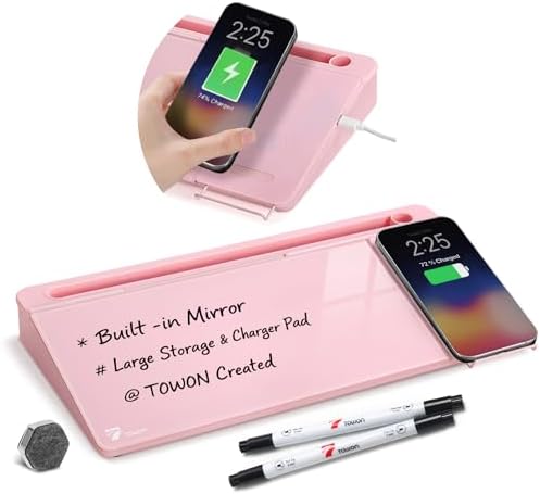 TOWON Glass Desk Whiteboard 17x6 in, Wireless Charger and Storage, Pink by TOWON