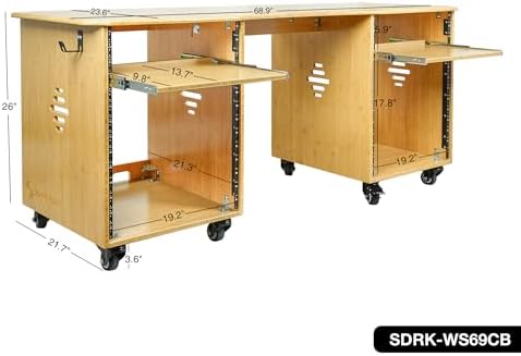 Sound Town Studio Desk Workstation with Dual 13U Side Rack Cabinets, Slide-Out Trays, Casters, for Recording Rooms and Home, Solid Carbonized Bamboo (SDRK-WS69CB) - Image 5