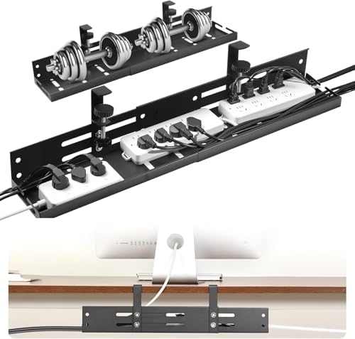 No Drill Under Desk Cable Management Tray, 17”-30” Retractable Cord Organizer for Table, Clamp Mount Wire Basket, Power Strip Holder & Metal Cord Organizer for Office, Home，Black by GOENDR