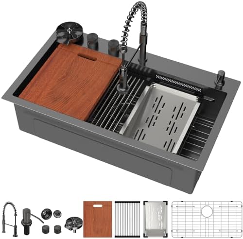 Mocoloo 33 Inch Black Honeycomb Waterfall Kitchen Sink Drop in, 33x19 Inch Stainless Steel Workstation Sink 16 Gauge Topmount Single Bowl Sink with Complete Kit by MocolooHome