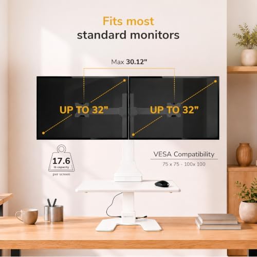 Mount-It! Electric Standing Desk Converter, Motorized Sit Stand Desk Riser with Dual Monitor Mounts, Adjustable Height Ergonomic Workstation with 28” Wide Platform and Tablet/Phone Slot, White - Image 6