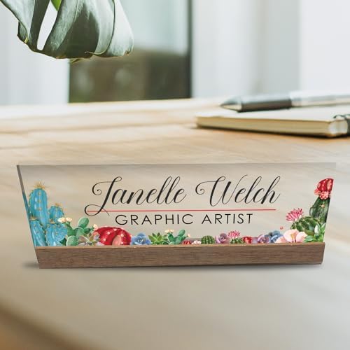 Artblox Personalized Office Desk Name Plate and Business Card Holder | Clear Acrylic Glass with Teak Wood Stand | Cactus Flowers Design Customized with Your Name and Credentials Office Desk Décor - Image 5