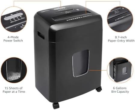 Amazon Basics 15-Sheet Cross Cut Paper Shredder for Home and Office, CD/Credit Card Shredder with 6 Gallon Wastebasket, Black - Image 7