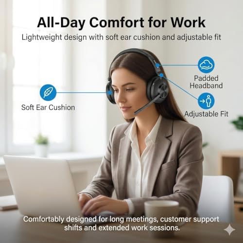 Voistek Wireless Headset with Mic for Work, Bluetooth Computer Headphones(Bluetooth 5.3 + USB Dongle) w/Noise Cancelling Mic & Mute Button for Work,Home Office,Zoom,Teams,Online Meetings (Black) - Image 4