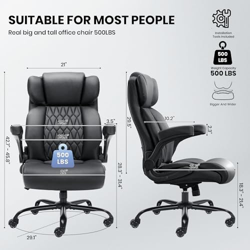 500lbs Big and Tall Office Chair Adjustable Lumbar Support for Back Pain, Extra Wide Seat Executive Office Chair Thick Armrest Pad, Heavy Duty Base&Upgraded Wheels, Ergonomic Desk Chair - Image 3