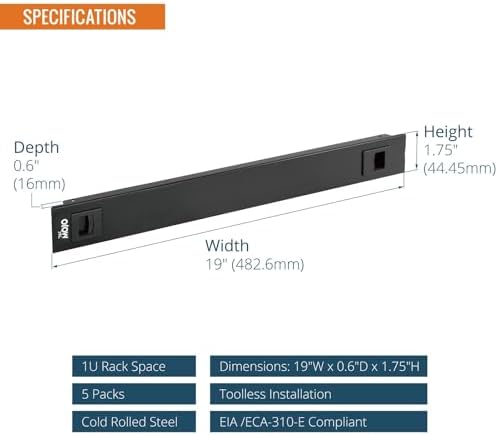 Tecmojo 5 Pack 1U Rack Blank Panel, Cold Rolled Steel Rack Panel, Rack Mount Plate for 19 in Server Rack Enclosure or Network Cabinet, Snap-in Type Mounting, Black - Image 2