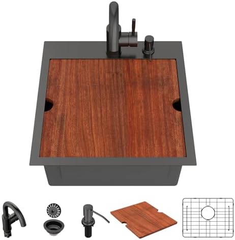 Lordear 18x18 Matte Black Bar Sink with Faucet Drop In T304 Stainless Steel by LORDEAR