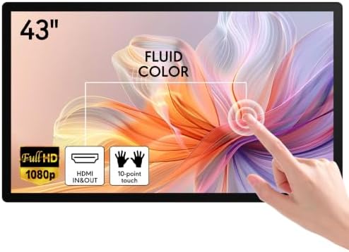 43 Inch Capacitive Multi Touch Industrial Touch Screen Monitor, 1920x1080 FHD 16:9 Digital Signage Display with Built-in Speakers, HDMI VGA DVI USB Ports, Commercial Advertising Kiosk Media Player by Unknown