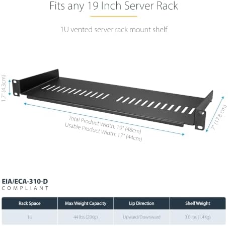 StarTech.com 1U Server Rack Shelf - Universal Vented Rack Mount Cantilever Tray for 19" Network Equipment Rack & Cabinet - Heavy Duty Steel - Weight Capacity 44lb/20kg - 7" Deep Shelf (CABSHELF1U7V) - Image 3