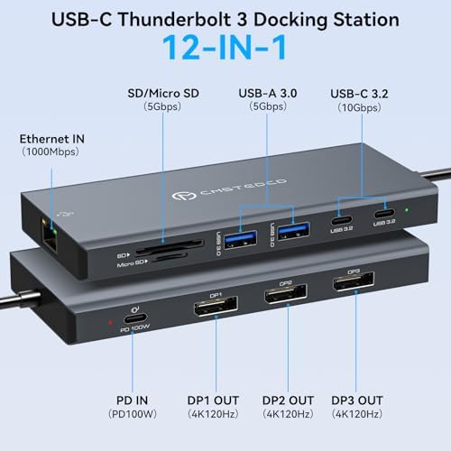 USB C Docking Station 3 Monitors 100W PD 12 in 1 Thunderbolt to Triple Displayport Monitors Docking Station USB C Hub Multiple Adapter, 2xUSB-C 3.2, 2xUSB-A 3.0, SD Card, 1000Mbps Ethernet - Image 2