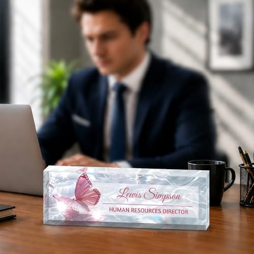 Custom Name Plate for Desk, Office Desk Double sided pattern Name Plate Personalized Office Desk Decor for Women and Men, Teacher Nurse Boss Employee Appreciation Gifts (Water wave butterfly, customization) by Unknown