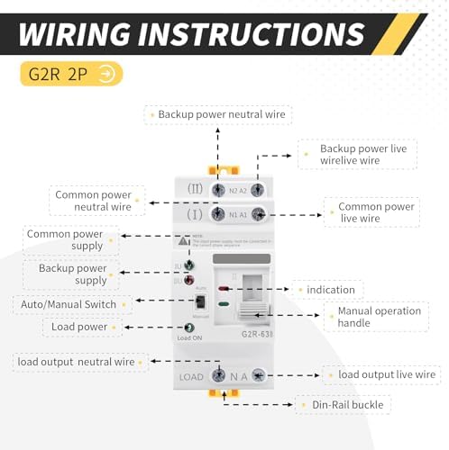 Mini ATS AC Automatic/Manual Transfer Switch 2P 63A 220V, ATS Manual Transfer Switch for Uninterruptible Power Supply Home,Dual Power Electrical Selector Switch DIN Rail Mount (G2R 2P 63A AC220V) - Image 3