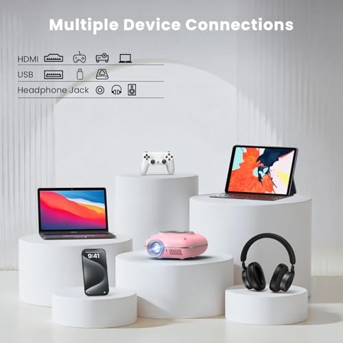 HOMPOW Mini Projector with Two -Way Bluetooth, Portable Projector for Home Theater Use, Support 1080P for Indoor/Outdoor, Movie Projector Compatible with HDMI, USB, Laptop, TV Stick (Pink)/Slide Film - Image 5