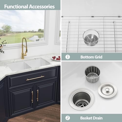 Kichae 32 White Undermount Kitchen Sink - 32x19 Inch Double Bowl Sink Undermount/Drop In Fireclay Ceramic Porcelain Dual Mount Double Basin 50/50 - Image 6
