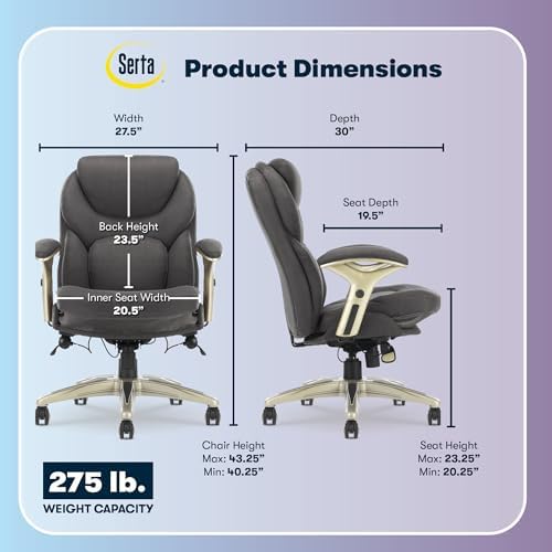 Serta Claremont Executive Office Chair with Back-In-Motion Technology, Ergonomic Mid-Back with Pivot Lumbar Support & Seat, Plush Cushion, Body Pillows, Adjustable Arms, Dark Gray Fabric - Image 3