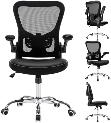 Ergonomic Office Chair, Adjustable PU Leather Computer Desk Chair with Lumbar Support, Flip-Up Arms, Breathable Mesh Back, 360° Swivel Rolling Executive Chair for Home Office, Black by Unknown