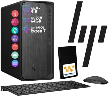 HP OmniDesk AI PC Desktop, 16 NPU Tops, Ryzen 7-8700G CPU (5.1GHz), 16GB DDR5 RAM, 1TB Storage (512GB PCIe SSD & 512 External Drive), Wi-Fi 6, Dual Monitor Support, Windows 11, Wireless KB & Mouse by HP