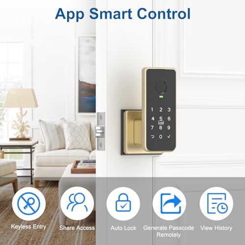Foxgard Fingerprint Door Lock – 5-in-1 Biometric Smart Lock with Keypad, App Control, Key, Auto-Lock, Electronic Anti-Lock – Keyless Entry for Bedroom, Office, Indoor Use – Gold - Image 4