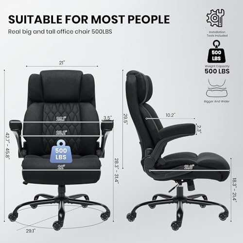 500lbs Big and Tall Office Chair Adjustable Lumbar Support for Back Pain, Extra Wide Seat Executive Office Chair Thick Armrest Pad, Heavy Duty Base&Upgraded Wheels, Ergonomic Desk Chair (Matte Black) - Image 3