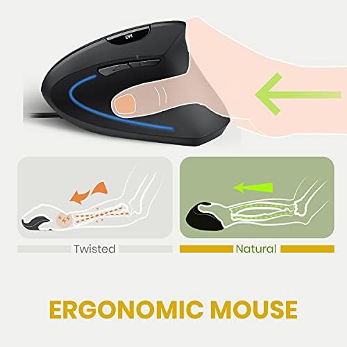 Perixx PERIMICE-513 Wired Ergonomic Vertical Mouse - 6 Buttons with 1000/1600/3200/6400 DPI - Right-Handed Design - Wired USB 5.9ft Cable - Black - Image 3