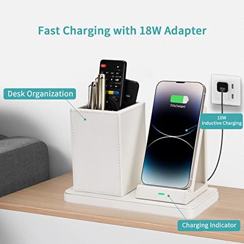 Wireless Charger with Desk Organizer, Wireless Charging Station for iPhone 14/14 Pro/13/12/11/Samsung Galaxy S23/S22/S21/S20/Note 20/Note 10, Charging Stand with Leather, White - Image 2