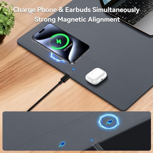 Wireless Charging Mouse Pad, 15W Fast Charge Magnetic Charger Desk Pad, Large Office Desk Mat (35.4"x16.9") with Ultra-Smooth Surface, Gray Computer Mousepad for MacBook, PC, Laptop - Image 3