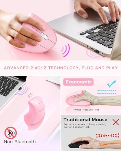 Ergonomic Mouse Wireless, Rechargeable Mouse Silent for Carpal Tunnel Right Hand, 2.4GHz USB Vertical Mouse Wireless for Laptop etc, 3 Adjustable 800/1200/1600 DPI, Pink - Image 2