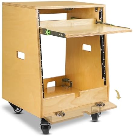 Sound Town DIY Slanted 10U Studio Rack (2U Top + 8U Lower), with 2U Bottom Storage, Slide-Out Tray, Caster, Plywood, Golden Oak For Recording Room, Home Studio (SDRK-ST10T) - Image 4