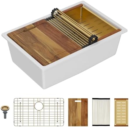 Lordear 28 Inch White Granite Composite Kitchen Sink Workstation 28x19 White Undermount Quartz Sinks Under Counter Single Bowl Sink with Classic Gold Accessories by LORDEAR