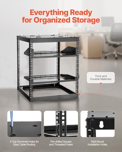 VEVOR 12U Open Frame Network Rack, 23 in Depth, Wall Mounted or Floor Standing Server Rack, Heavy Duty 4 Post, with Vented Shelves & Mounting Hardware, Holds All Your Networking IT Equipment AV Gear - Image 5