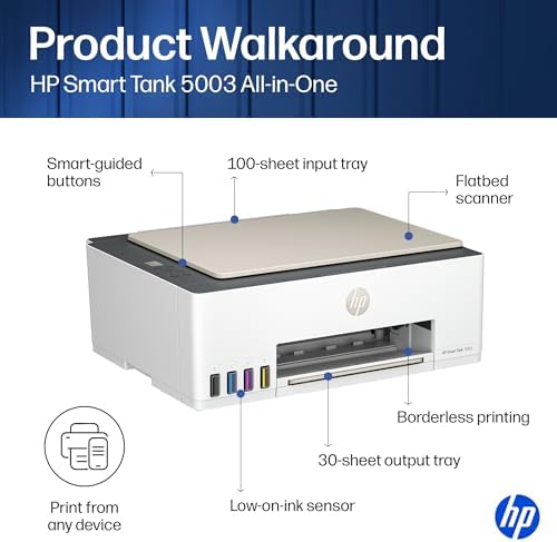HP Smart Tank 5003 Wireless All-in-One Ink Tank Printer, Scanner, Copier with up to 3 Years of Ink Included, Best-for-Home, Cartridge-Free Refillable, AI-Capable (9B2D3A) - Image 4