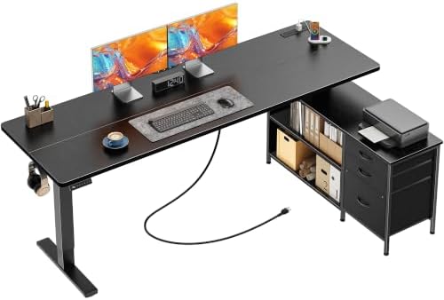 PRAISUN 63'' L Standing Desk with Outlets, Cabinet with Shelves, Drawers by PRAISUN