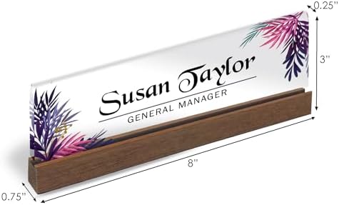 Artblox Personalized Office Desk Name Plate and Business Card Holder | Clear Acrylic Glass with Teak Wood Stand | Leaf Design Customized with Your Name and Credentials Office Desk Decor - Image 2