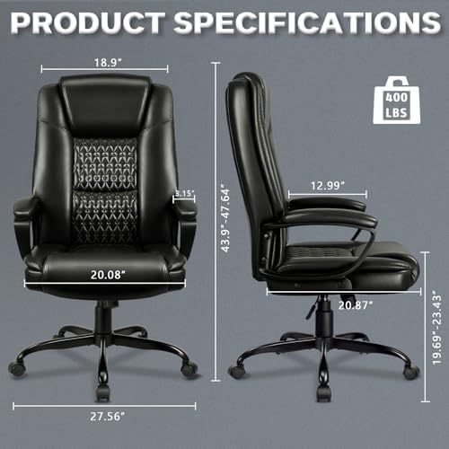 LEMBERI Home Office Executive Desk Chair, High Back PU Leather Chair, Height Adjustable Swivel Computer Chair with Padded Armrest (Black) - Image 3