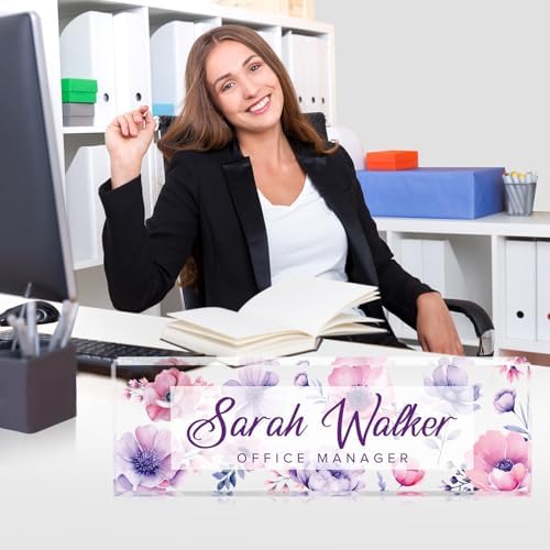 Custom Name Plate for Desk - Desk Name Plate Personalized - Acrylic Office Desk Accessories - Appreciation Gifts for Coworkers Employee Teacher Staff Boss - Office Decor for Women (Purple Flowers D) - Image 3