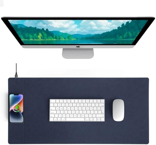 Magnetic 15W Fast Wireless Charging Desk Pad, 35.4"x16.8" Extra Large Mouse Pad, Microfiber Leather Office Desk Mat, Waterproof and Scratch-Resistant Mouse Mat for Office and Home Use,Blue by Hi-HONX