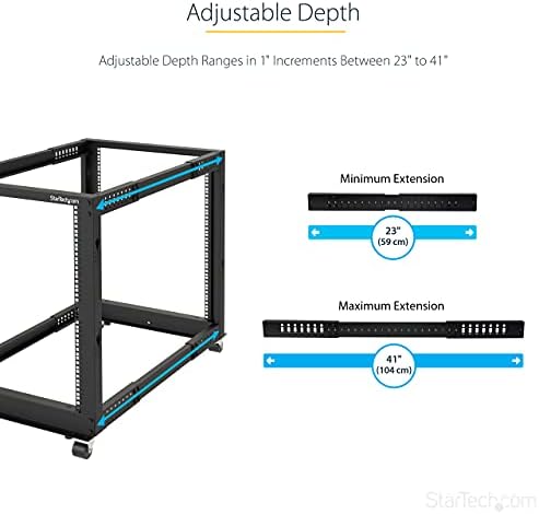 StarTech 8U 4-Post Server Rack, 19in Open Frame Rack with 40in (101cm) Mounting Depth and 1200lb (544kg) Weight Capacity, Mobile or Floor Mount IT Rack - Image 3