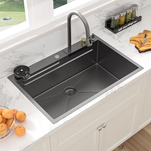 Sarlai 33 Inch Waterfall Kitchen Sink Workstation - 33x22 Black Waterfall Drop In Sink Stainless Steel 16 Gauge Sink Multifunction Single Bowl Smart Top Mount Kitchen Sinks with Faucet Combo - Image 3
