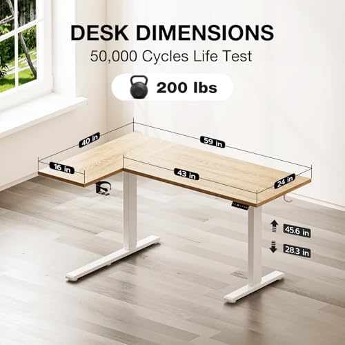 Muvai 59" L Shaped Standing Desk with Cable Tray, Reversible, Oak - Image 3