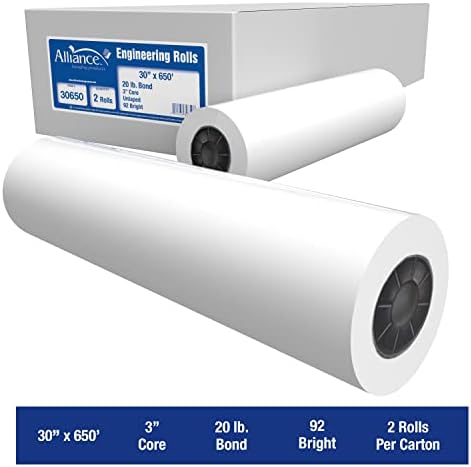 Alliance Wide Format Paper 30” x 650’ Rolls Bond Engineering 92 Bright 20lb - 2 Rolls Per Carton with 3” Core - Image 2