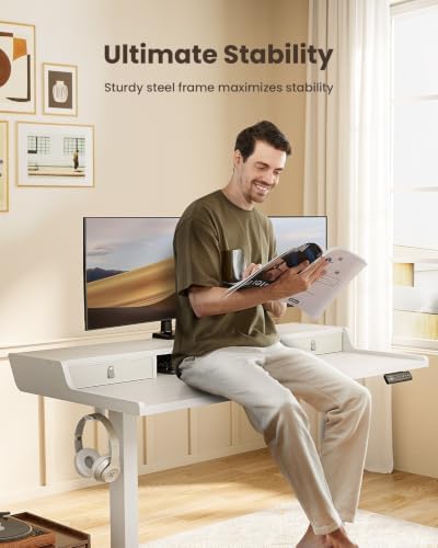 ErGear Electric Standing Desk with Drawers, 40″ x 24″ Small Gaming Table Compatible Monitor Stand, Stand up Desks, Home Office Height-Adjustable Desk with Storage Shelf, 4 Preset Heights, White - Image 6