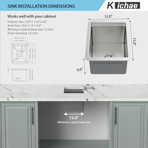Kichae 12 Undermount Bar Sink Small Stainless Steel 16 Gauge Workstaion - Image 4