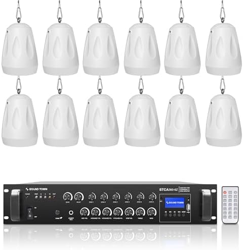 Sound Town Commercial Restaurant Bluetooth Amplifier + Pendant Speaker Set, with One 6-Zone 70V/100V Amplifier with Bluetooth, 12 x All-Weather 4-Inch Pendant Speakers, White (STCA360X12PD4W) by SOUNDTOWN