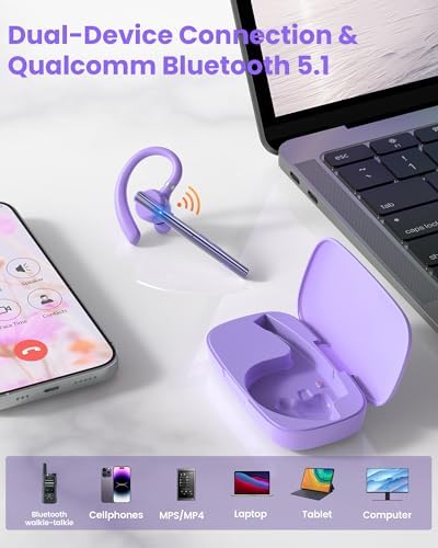 New Bee Bluetooth Headset V5.1 72H Talk Dual Mic with Mute Button for Work, Wireless Hand-Free Bluetooth Earpiece with 500mAh Charging Case for Cell Phone Calls Driver (M54, Purple) - Image 6