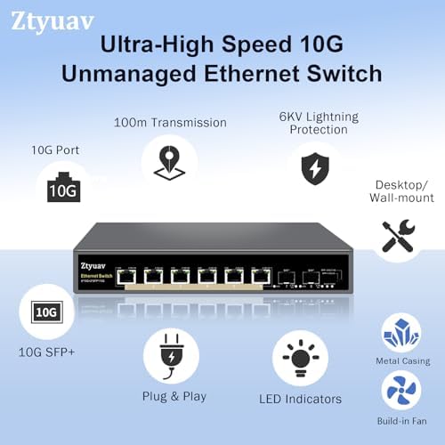 8 Port Unmanaged 10Gbe Ethernet Switch with 6 x 10Gb RJ-45 Ports, 2 x 10Gb SFP+ Ports, Ports Speed Auto-Negotiation-1000M/2.5G/10G, One-Key VLAN, Build in Cooling Fan & Metal Shell, Plug & Play - Image 3
