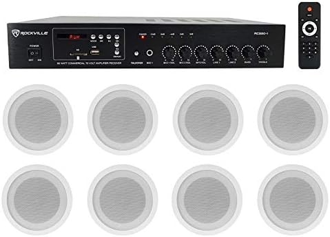 Rockville RCS80-1 70V Commercial Amp Bundle with 8 CCL5T White Speakers by Rockville