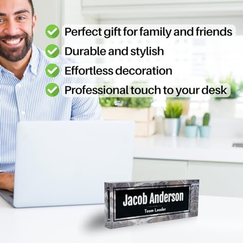 Customized Clear Acrylic Thick 8x3" Desk Name Plate Block with Personalized Logo - Professional Office Decor - Customized Acrylic Plate Gift for Teacher Co-workers (Black-White Marble) - Image 3